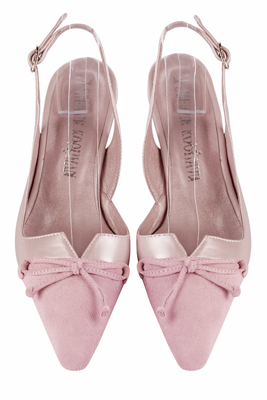 Light pink women's open back shoes, with a knot. Tapered toe. Medium spool heels. Top view - Florence KOOIJMAN
